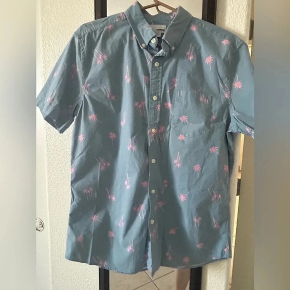 Sonoma Mens Blue Shirt Size Medium  Pink Palm‎ Trees Short Sleeve Button Up Pkt